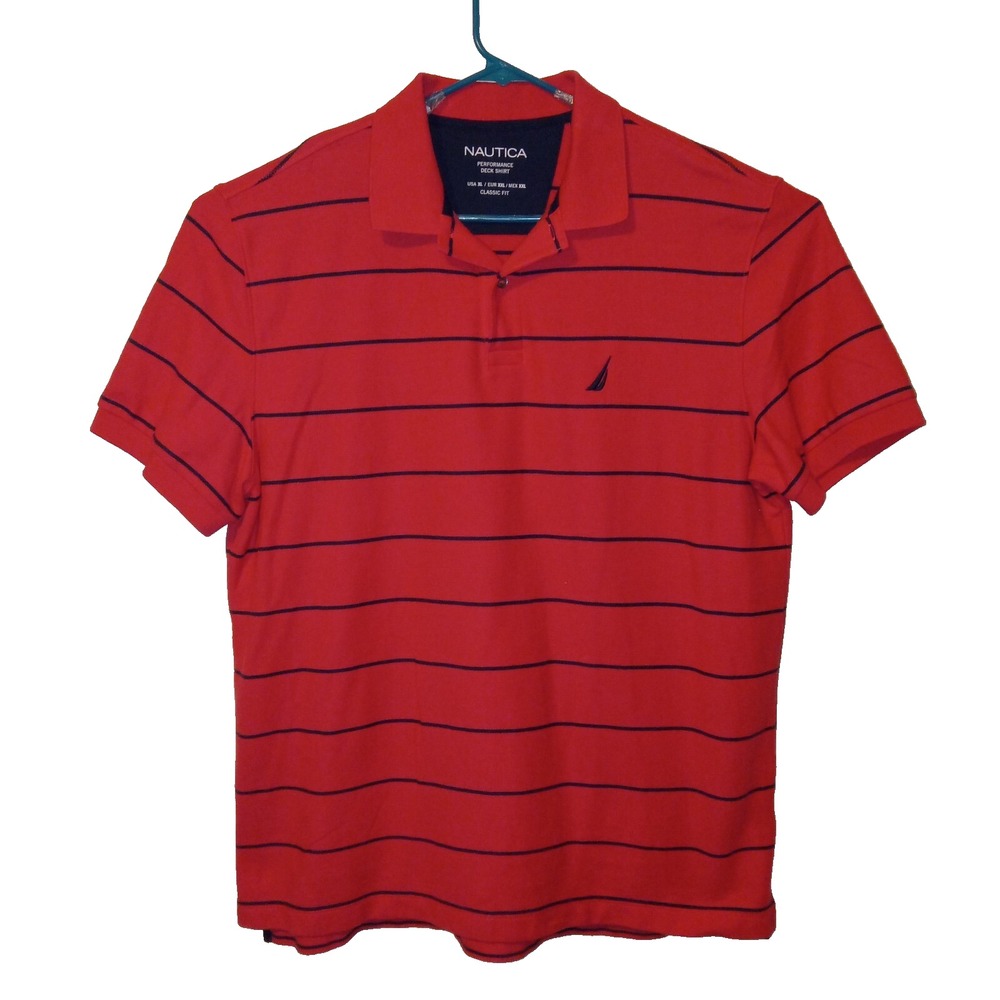 Nautica Polo Shirt Mens XL Red Performance Deck Shirt Striped Classic Fit